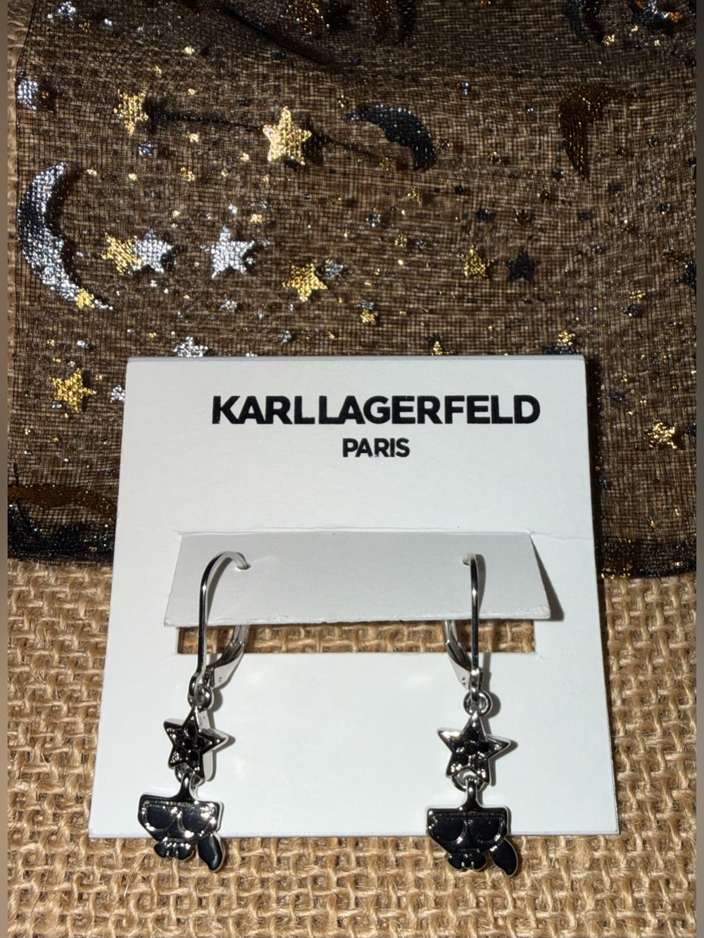 Karl Lagerfeld Black and Silver Star & Kitty Drop Earrings
